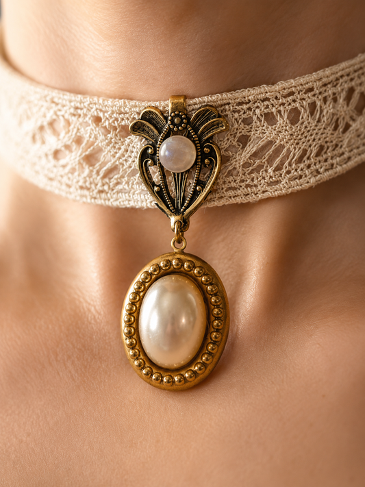 Choker de Puntilla con Colgante Perla Art Nouveau | Joyería Romántica