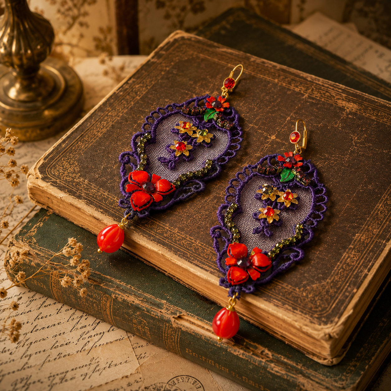 Aros Jardín Etéreo Violeta Bordados con Flores