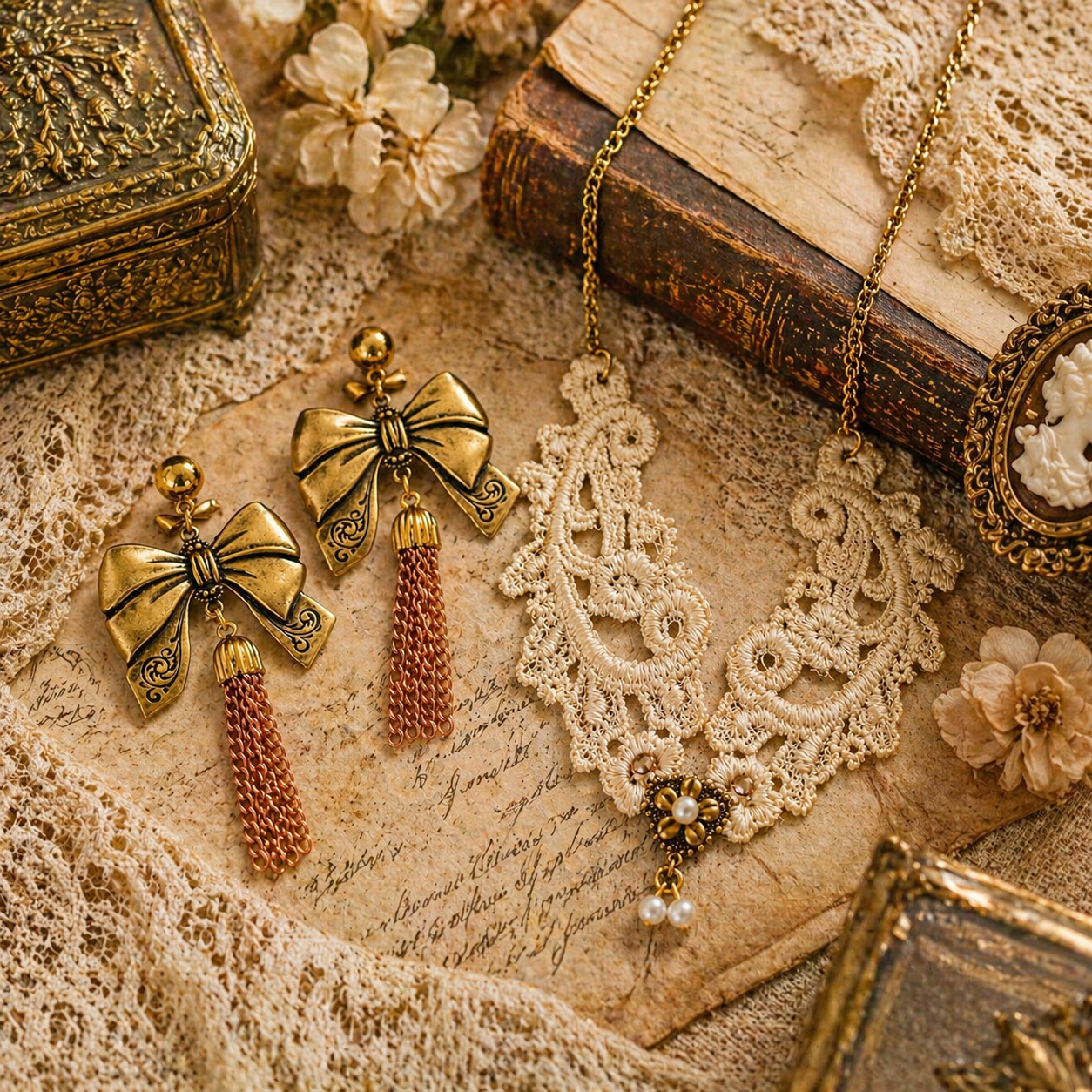 Collar Encaje de Aurora con Flores y Perlas | Joyería Textil Atelier de Bijoux