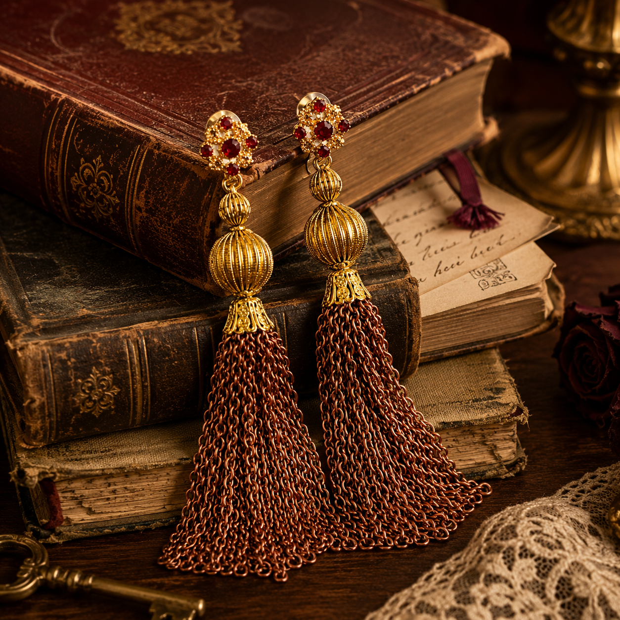 Aros Largos Borlas Doradas con Cristales Rojos | Joyería Vintage Atelier de Bijoux