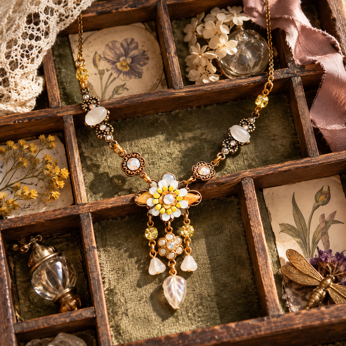 Collar Flor de Luz con colgante floral, vidrio y cristales en tonos marfil y dorado envejecido