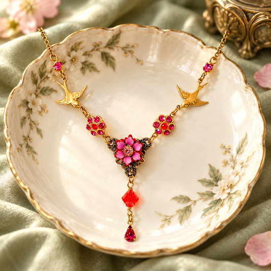 Collar Golondrinas Mensajeras dorado con flores y cristales rosa y fucsia de Atelier de Bijoux