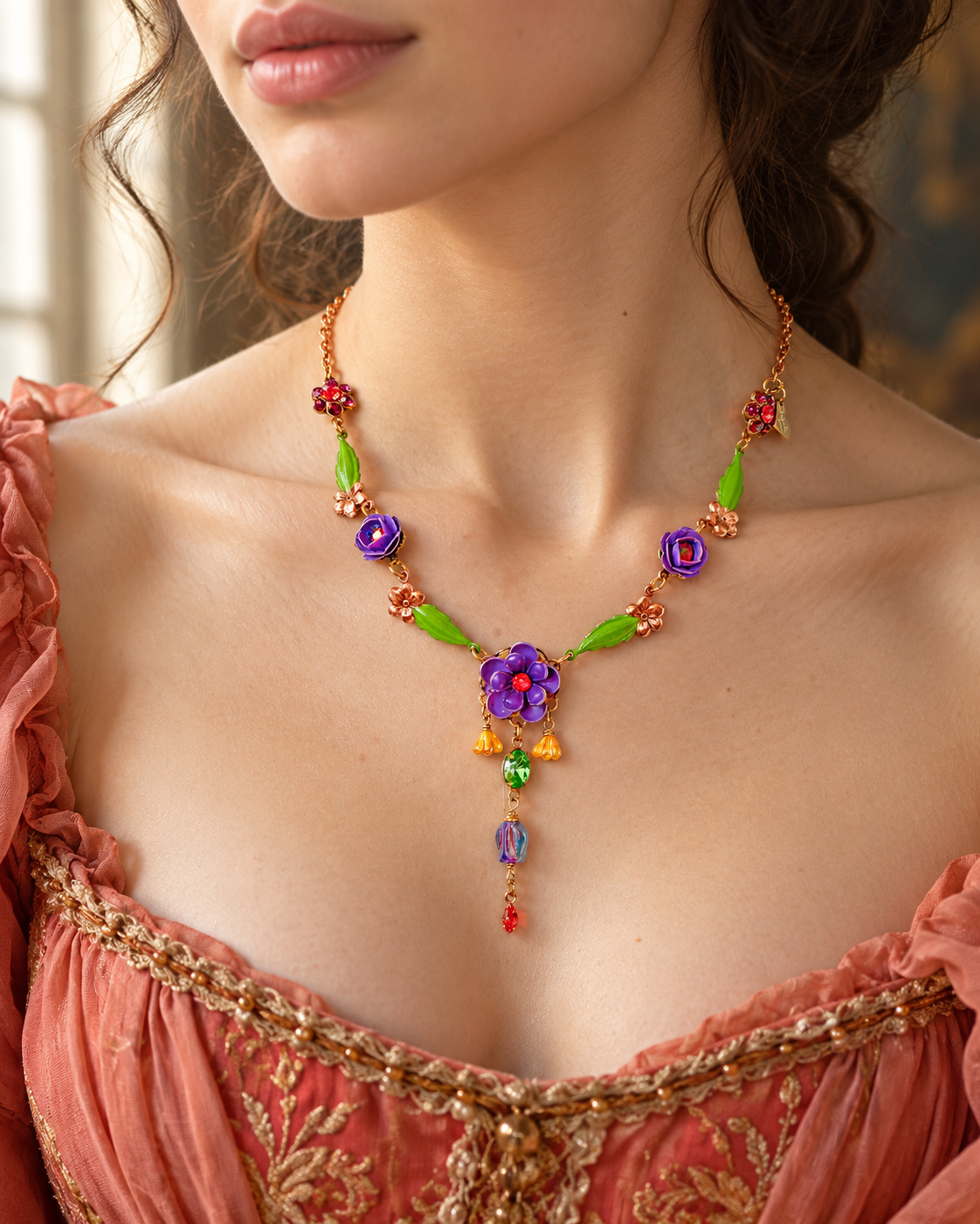 Collar Violeta Silvestre con flores violetas, hojas verdes y cristales multicolor, hecho a mano por Atelier de Bijoux.
