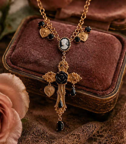 Collar con cruz ornamental, camafeo, rosa negra y cristales facetados