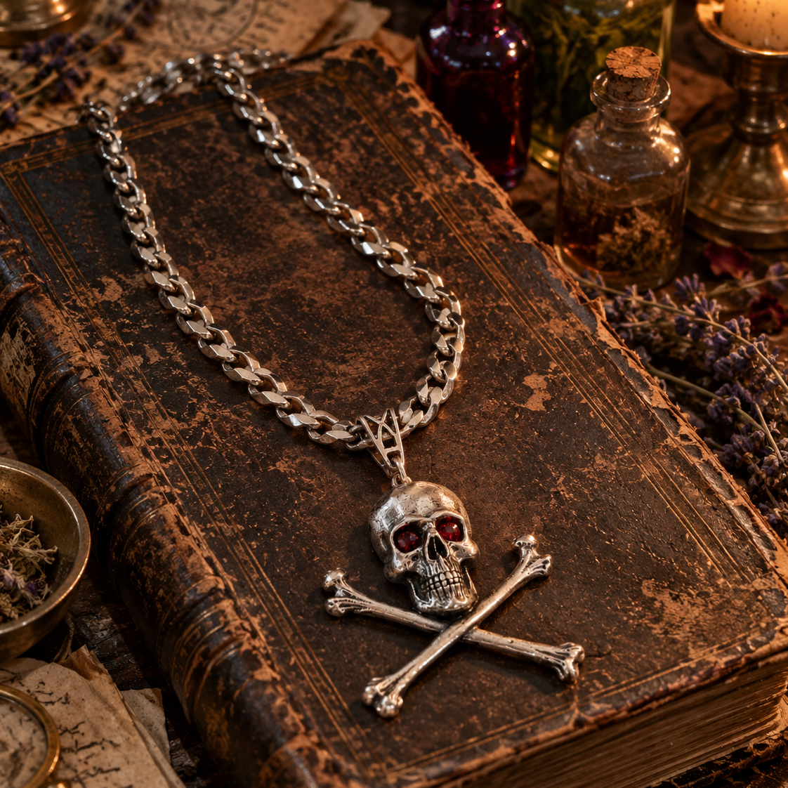 Collar de calavera sobre grimorio antiguo