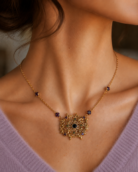 Collar_dorado_con_hojas_entrelazadas_y_cristales_amatista.