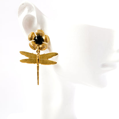 Pendientes Libelula y Flor Ónix (Negro)