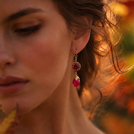 Pendientes Lágrima y Flor Fucsia