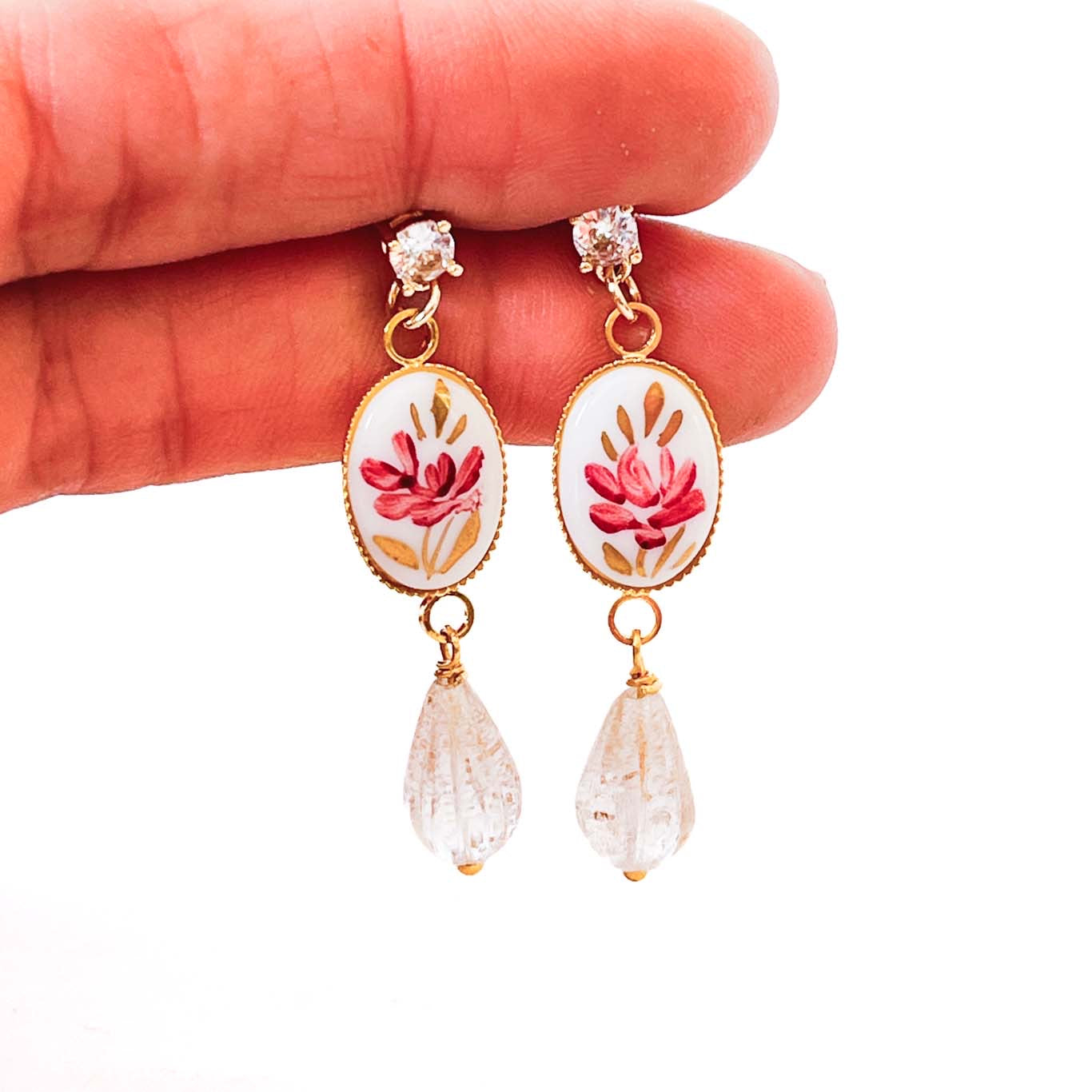 Aros camafeo floral pintado a mano con perla | Regalo Día de la Madre