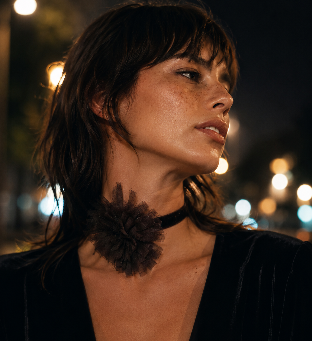 Choker Negro Flor Gasa Azabache