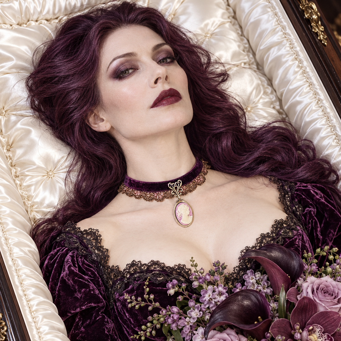 Mujer luciendo choker de terciopelo violeta con encaje y camafeo de Atelier de Bijoux