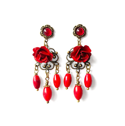 Red Rose Chandelier Earrings
