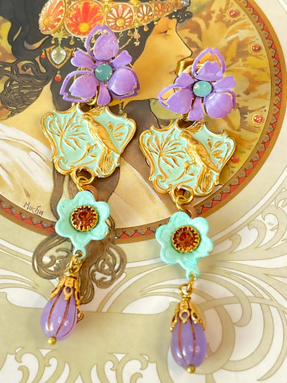Pendientes Florales Lavanda y Turquesa con Aves | Aros Artesanales Bohemios