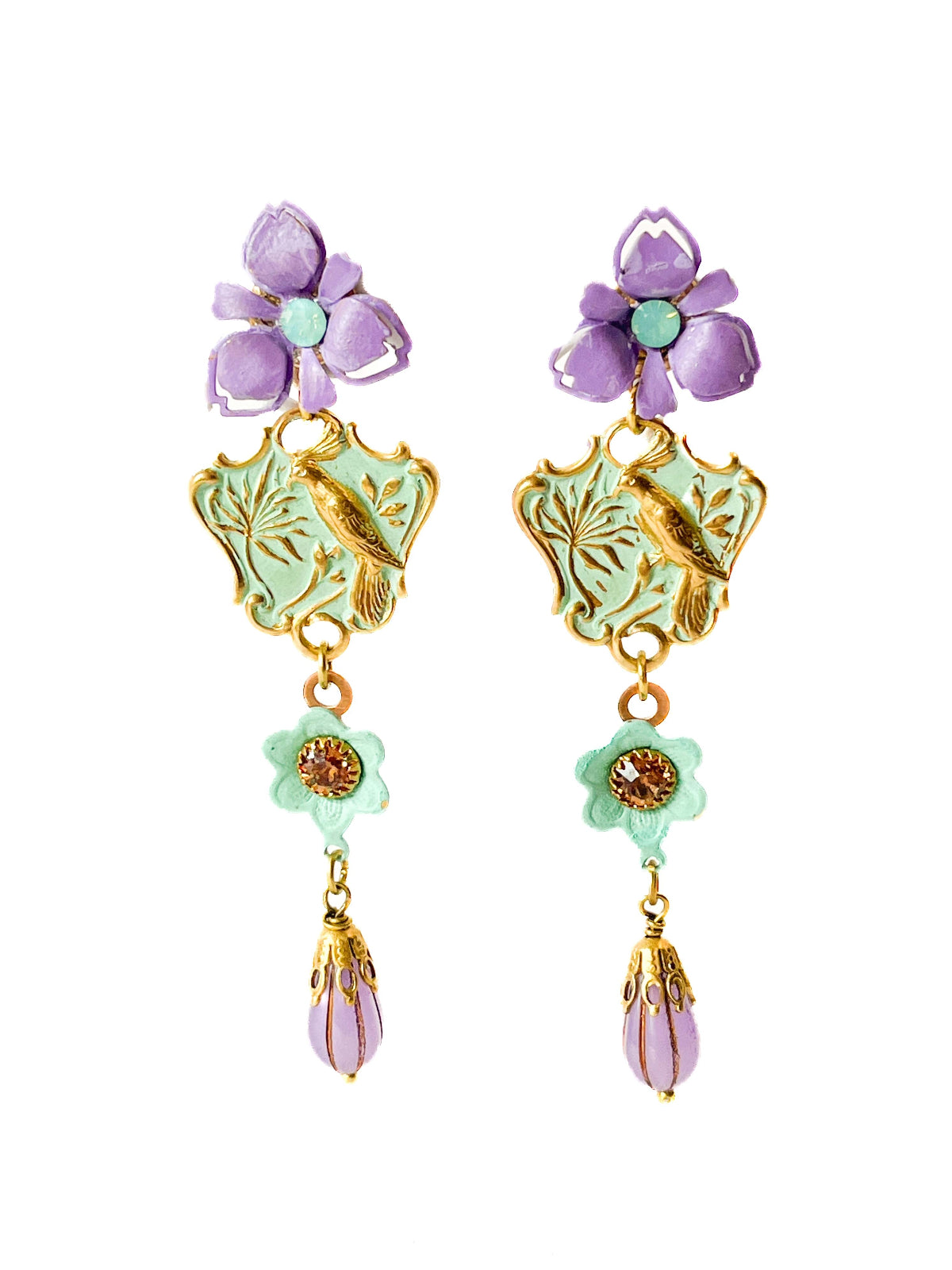 Pendientes Florales Lavanda y Turquesa con Aves | Aros Artesanales Bohemios