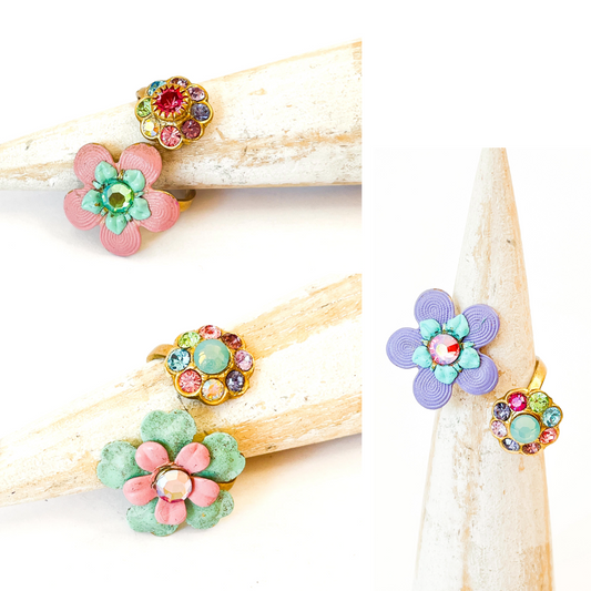 Anillos Ajustables de Flores Esmaltadas y Cristales Multicolor - Elige Opciones -