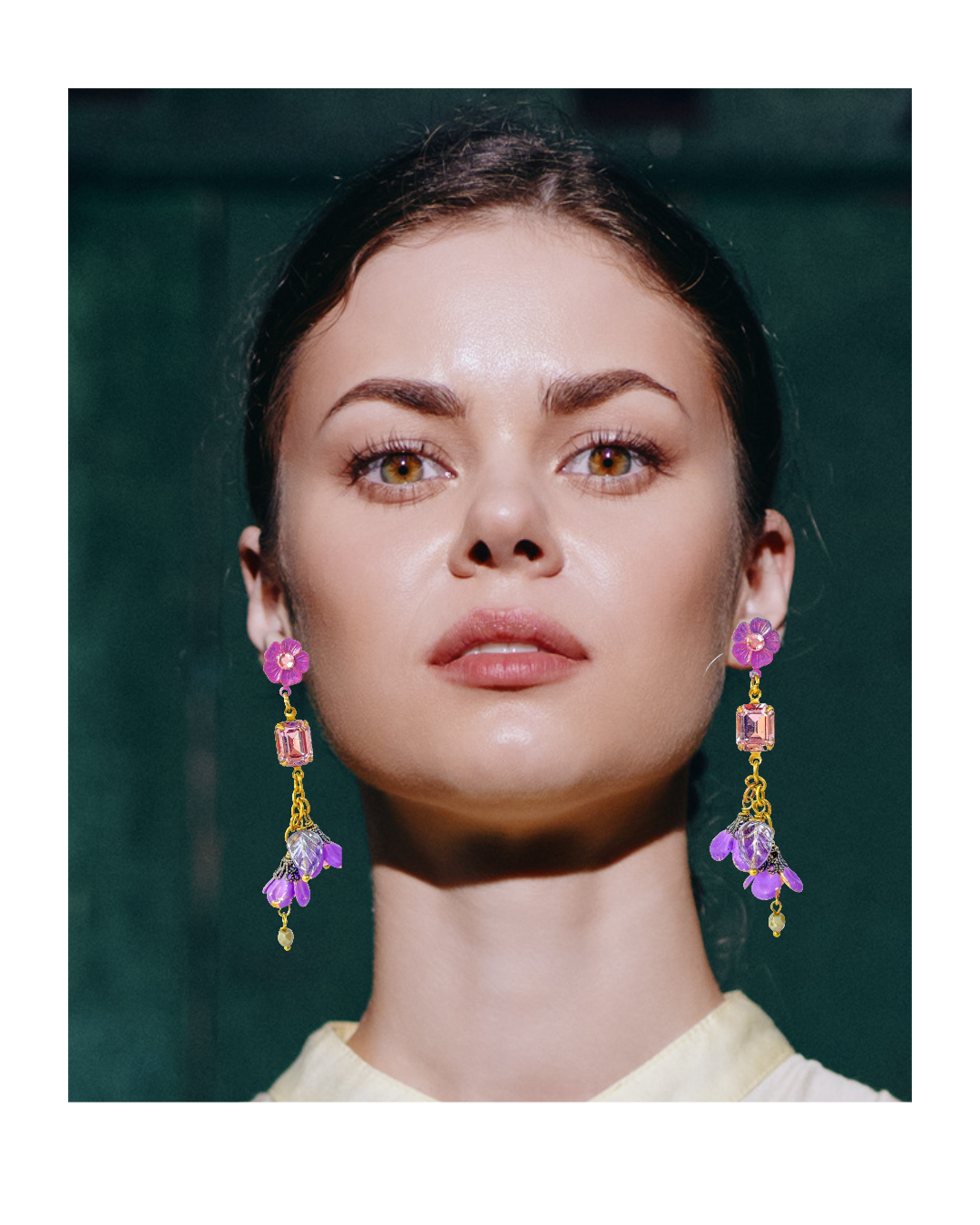 Aros Largos Cascada Floral - Flores Color Violeta y Cristal -