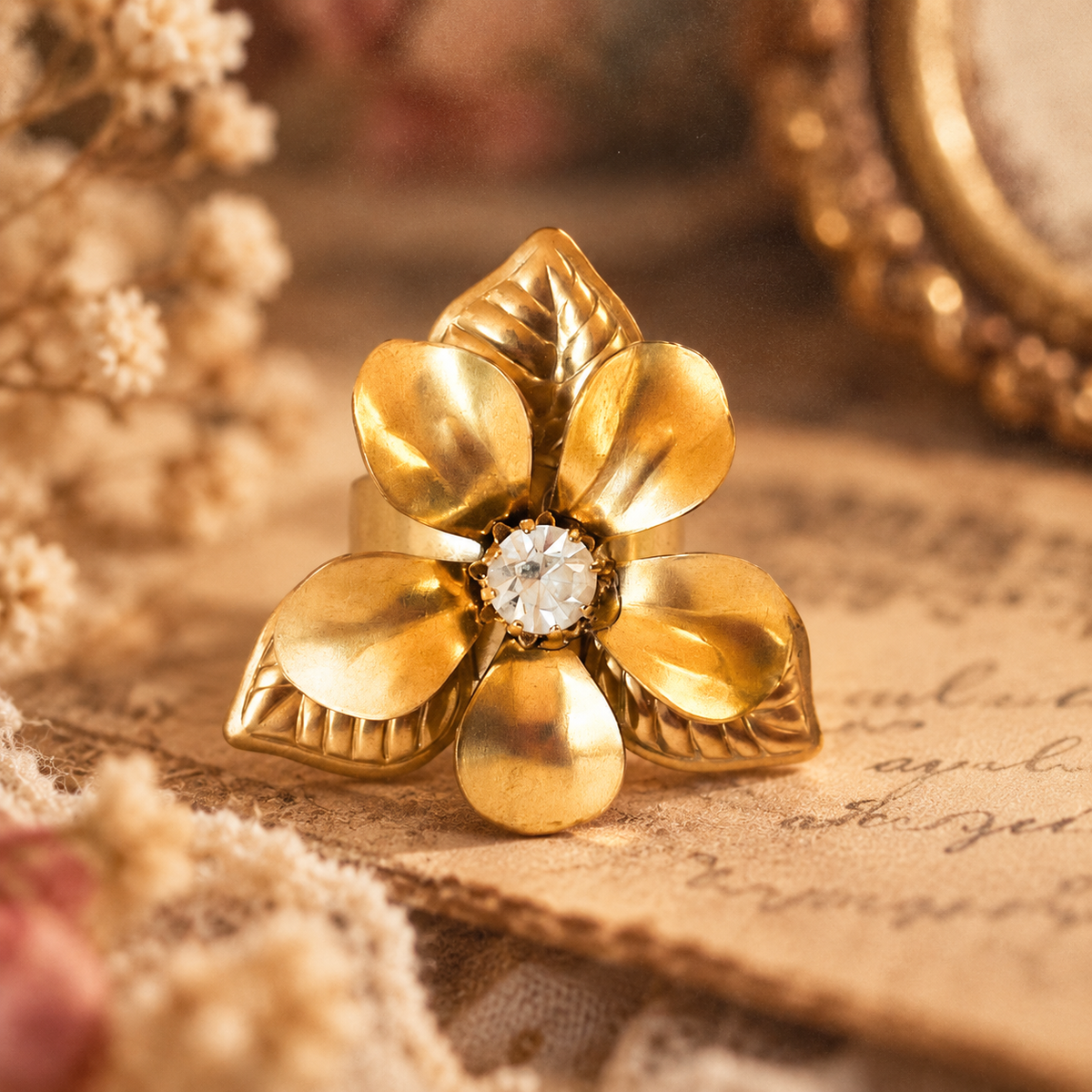 anillo ajustable flor de 5 petalos dorada estilo vintage