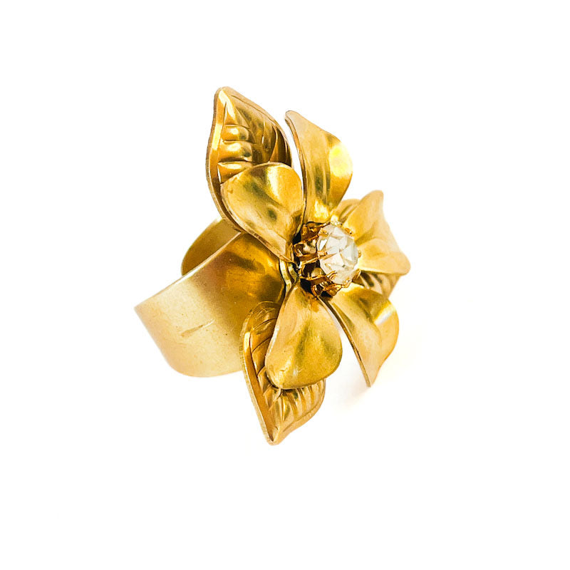 anillo ajustable flor de 5 petalos dorada estilo vintage