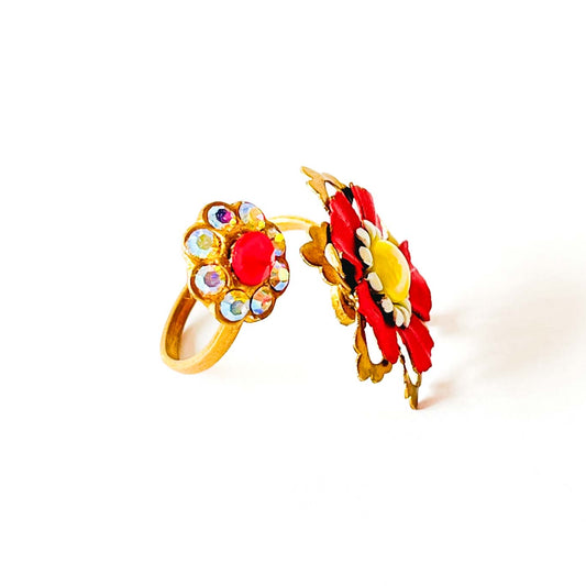 anillo ajustable flores rojo y amarillo