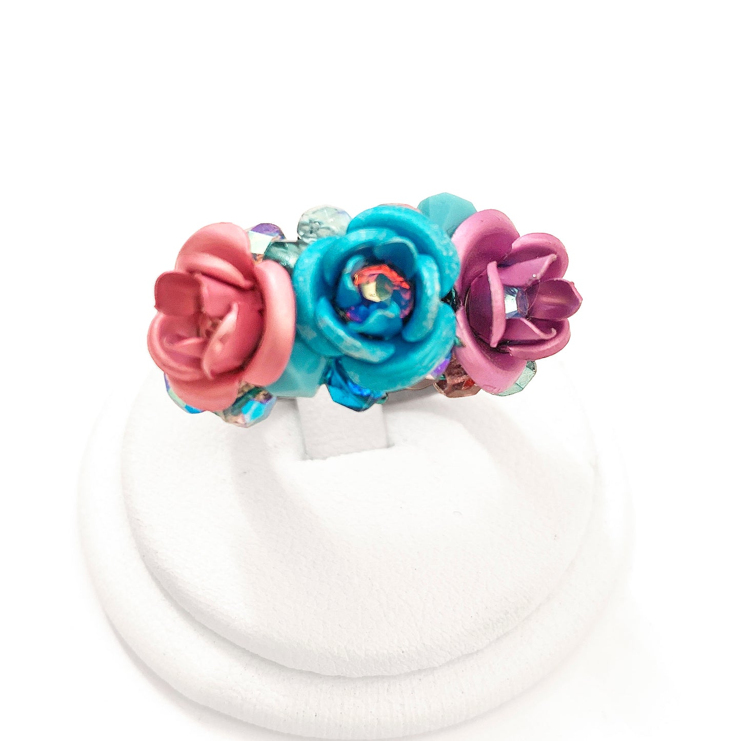 Pink Cyan and Lilac Rose Trio Ring