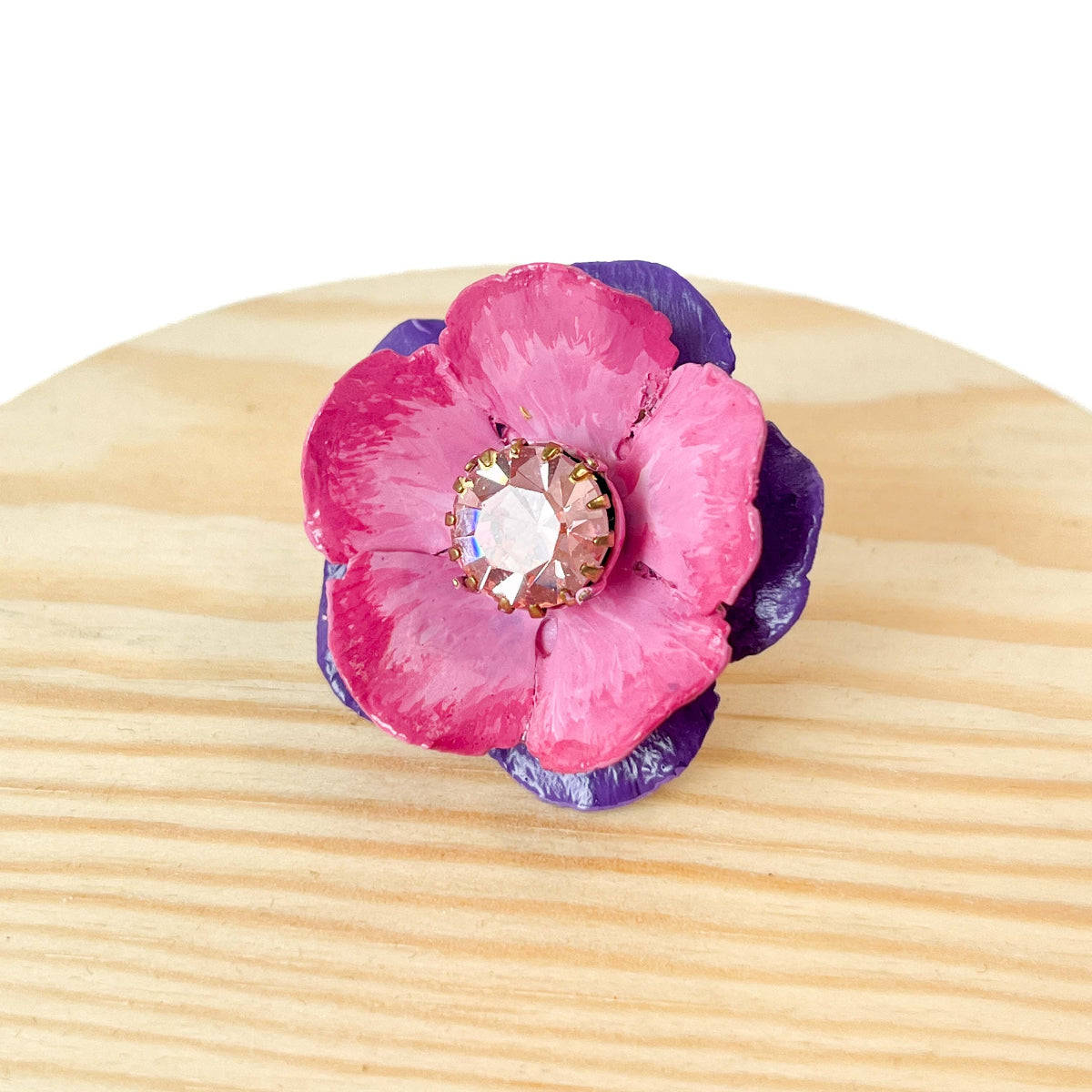 anillo enorme ajustable de flor con cristal rosado