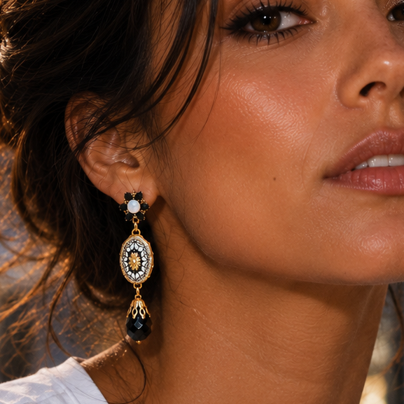 aros colgantes cabochon vitral blanco y negro