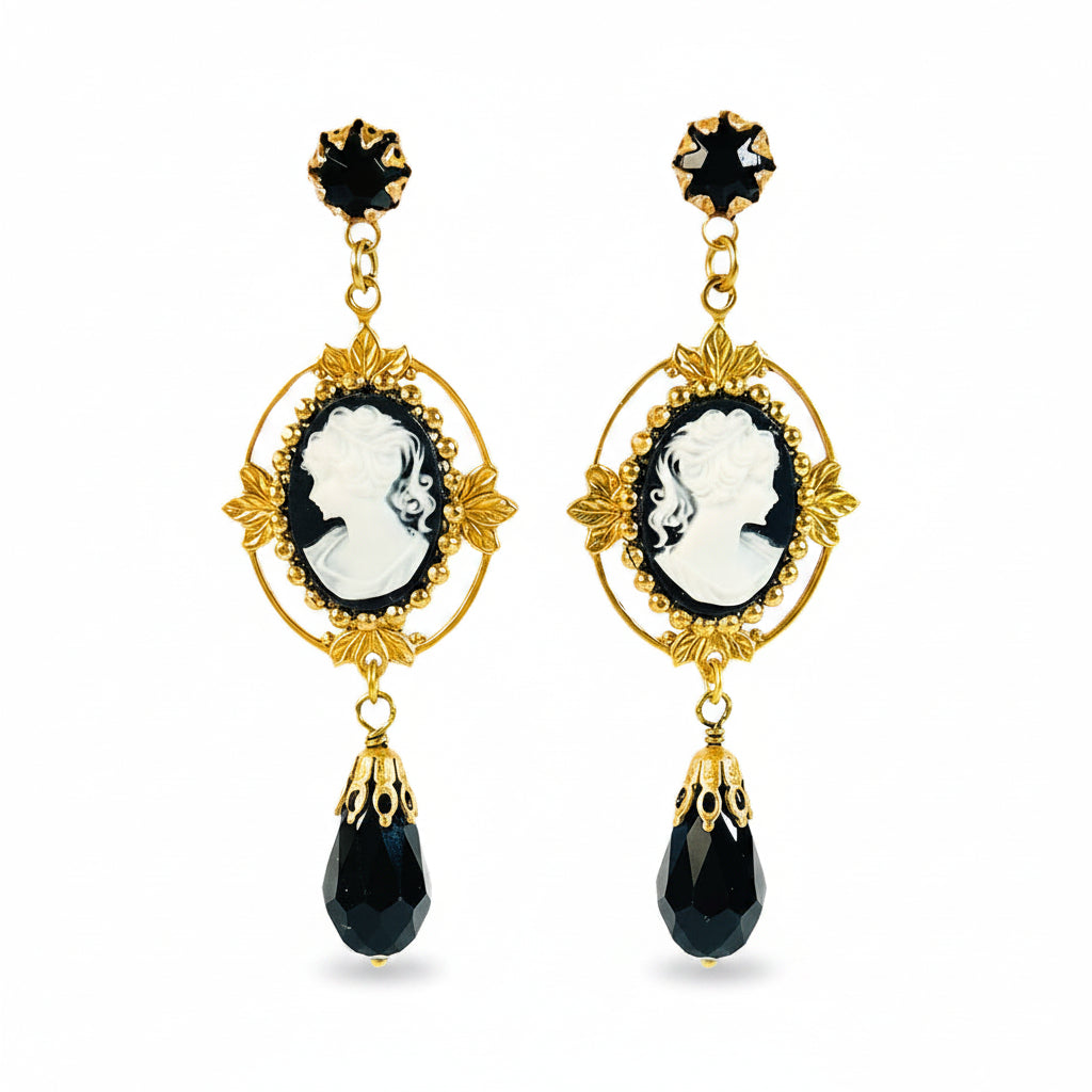 aros colgantes con camafeo mujer blanco y negro