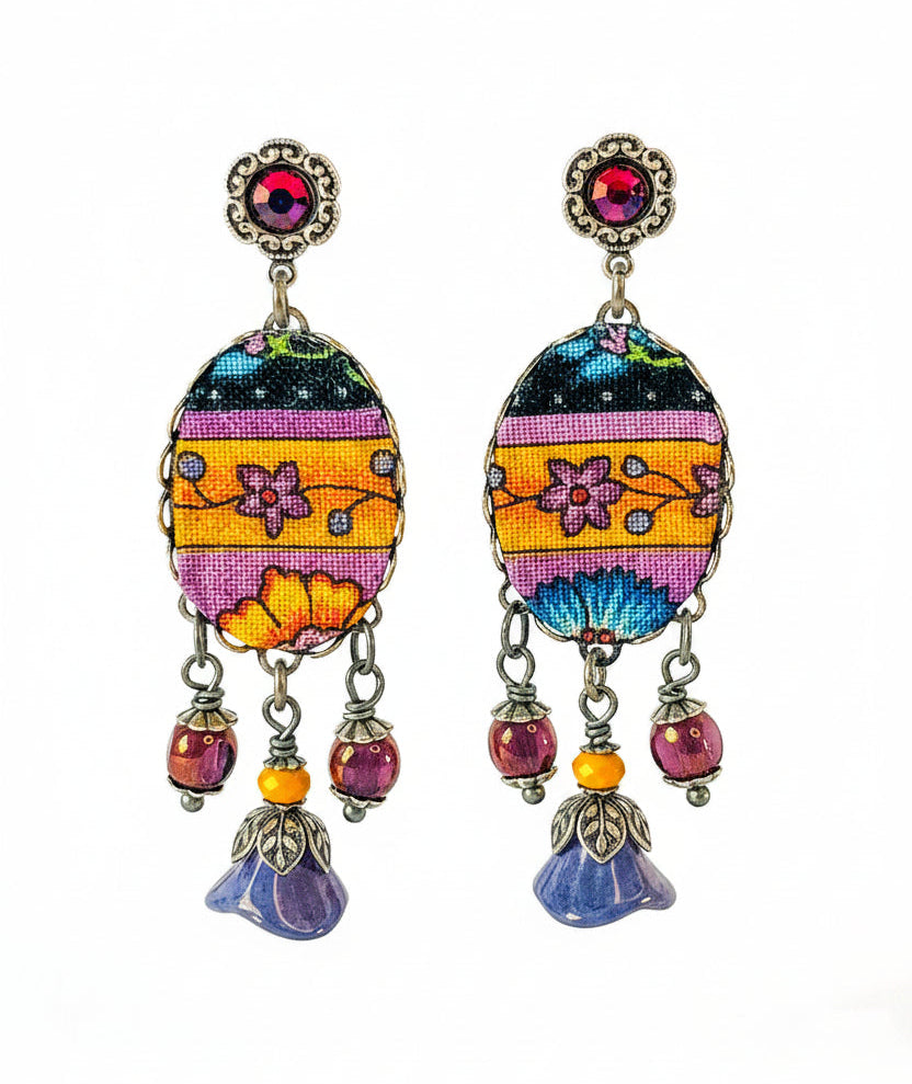 aros colgantes textil multicolor floral hechos a mano