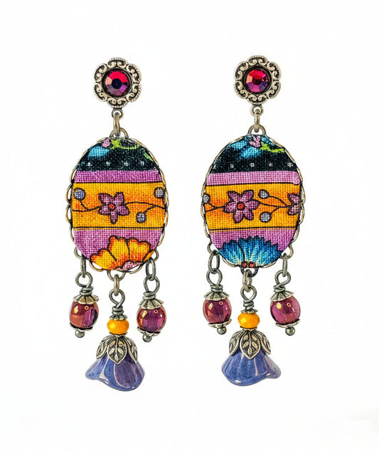 aros colgantes textil multicolor floral hechos a mano