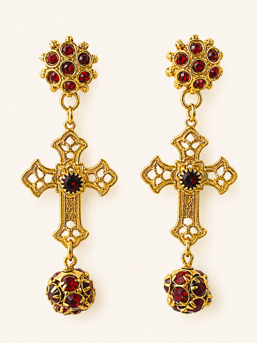 aros cruz  cristal rojo granate