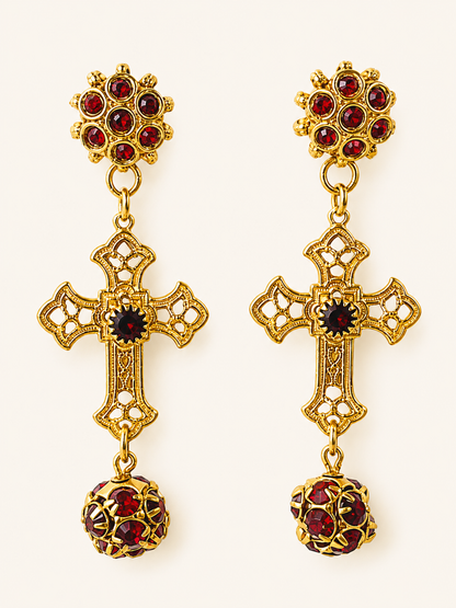aros cruz  cristal rojo granate