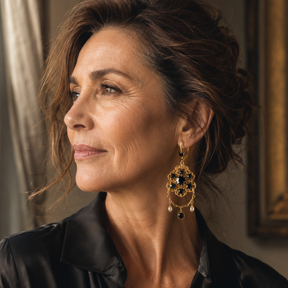 aros elegantes mujer negros filigrana