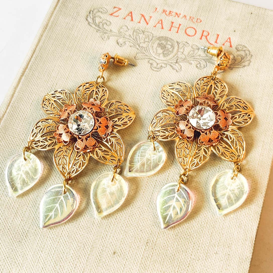 aros flor y hojas vidrio nacarado