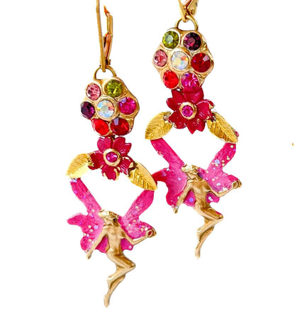 aros hada y flores color fucsia