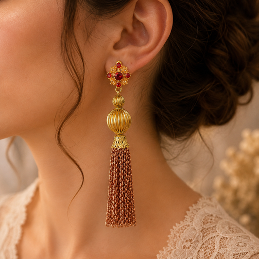 Aros Largos Borlas Doradas con Cristales Rojos | Joyería Vintage Atelier de Bijoux