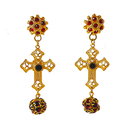 aros pendientescruz barroca en dorado y rojo 
