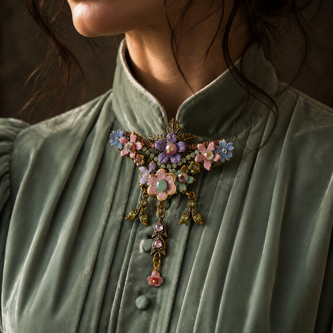 broche floral con cristales color pastel