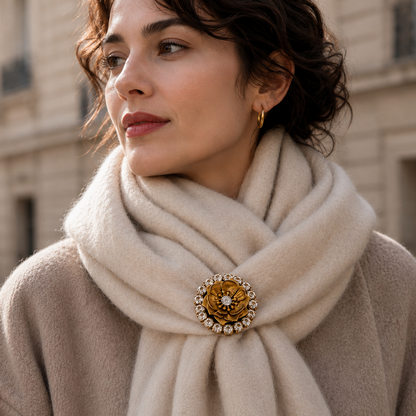 broche floral dorado con rosa central