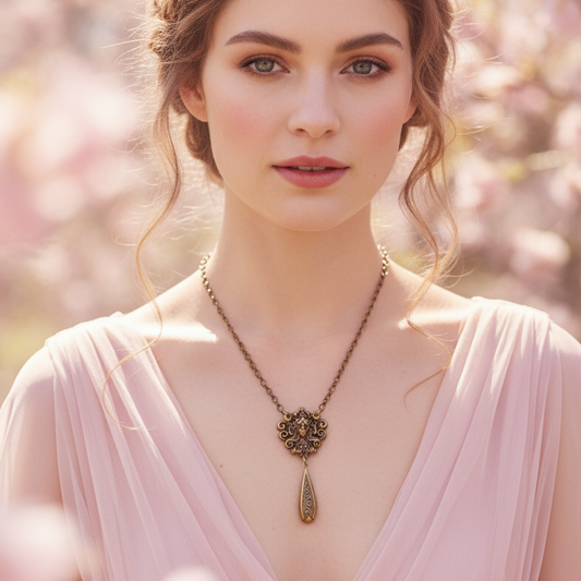 collar colgante con rostro de mujer estilo art noveau y gota de metal que cae sobre el pecho