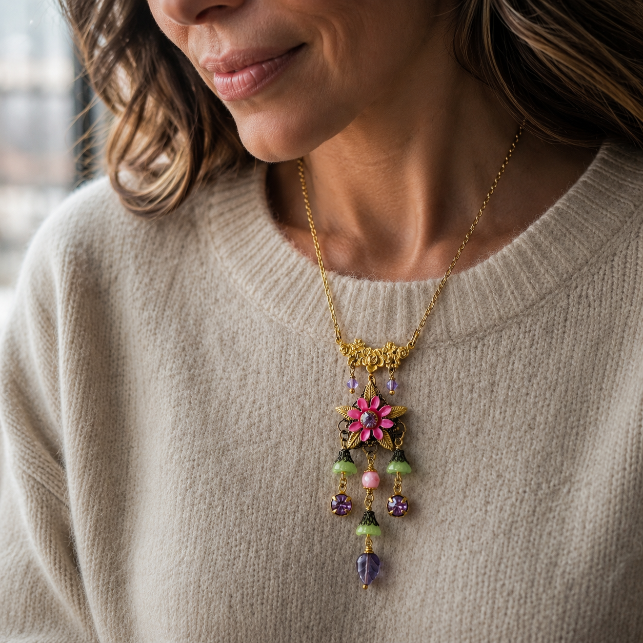 collar colgante floral con flores esmaltadas en tono rosado y verde