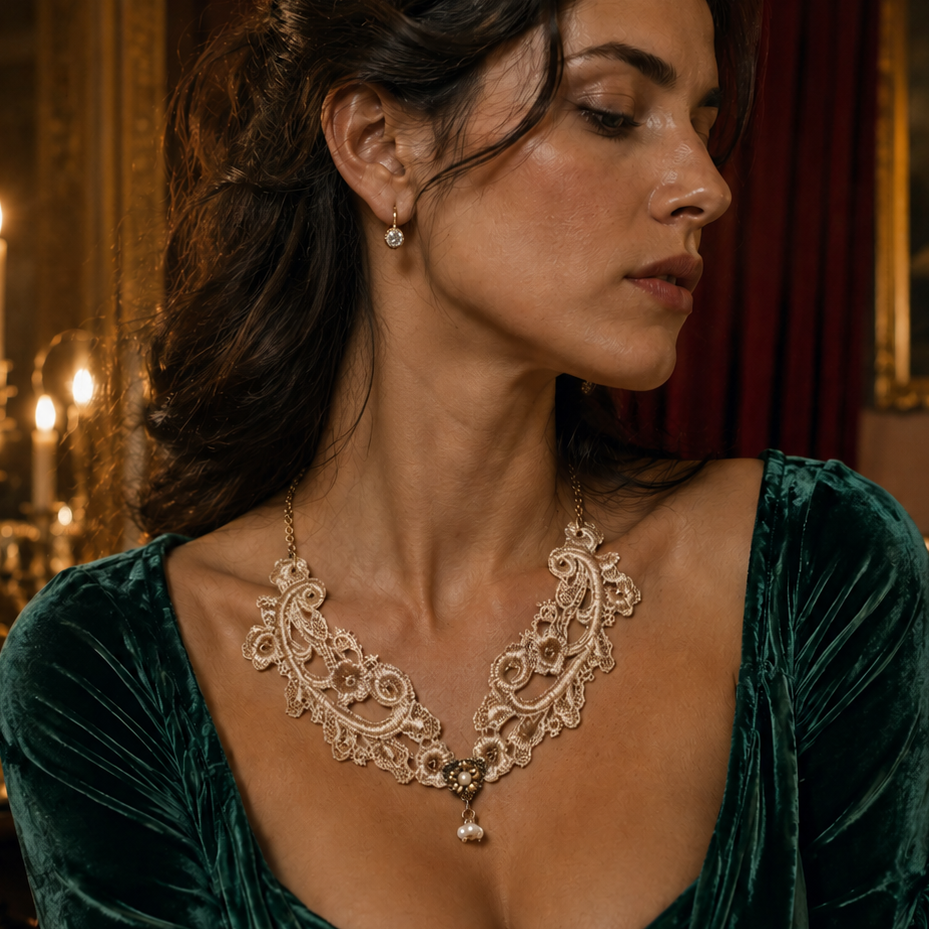 collar elegante pechera encaje floral beige
