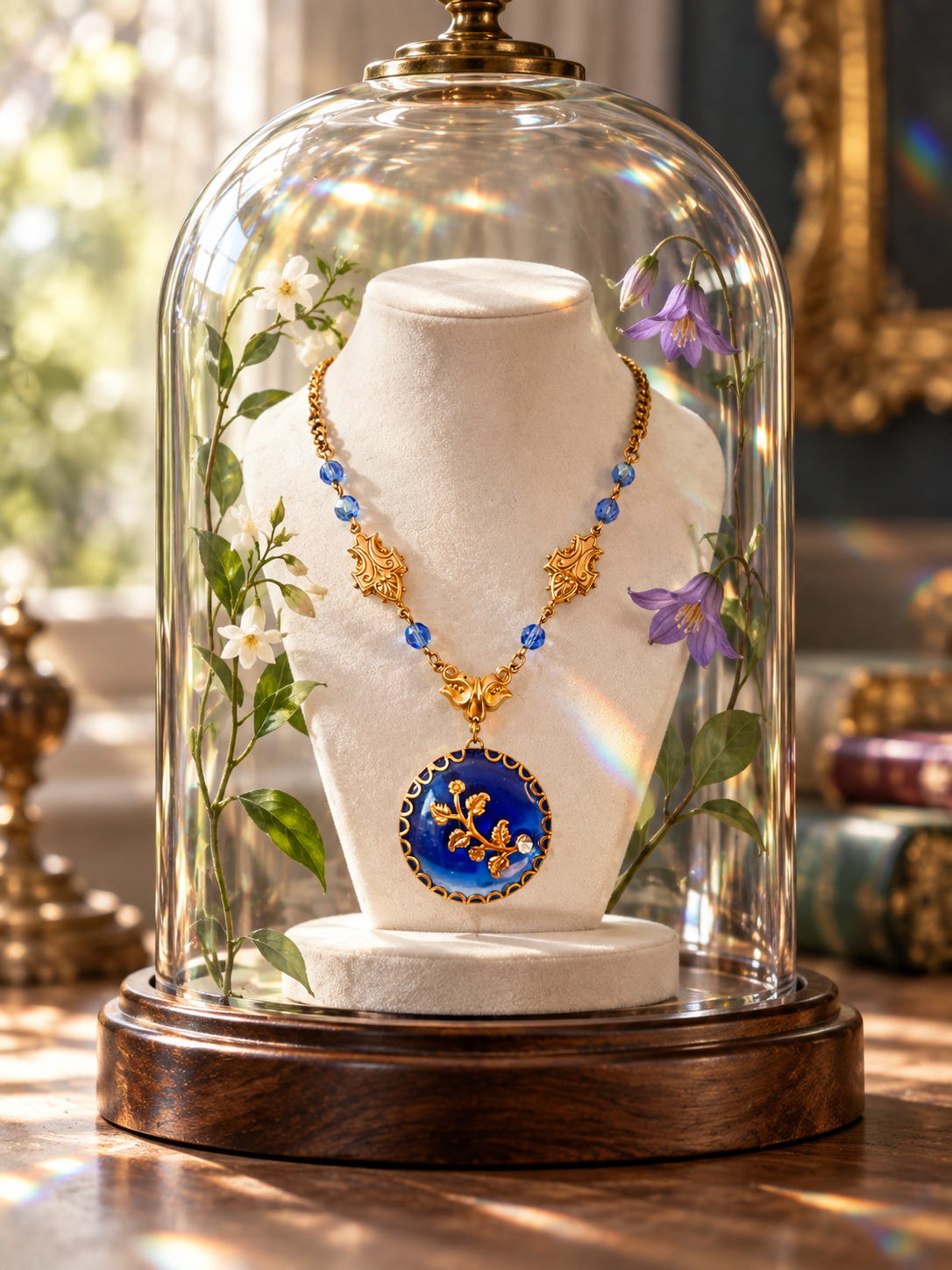 collar medalla azul con elementos botanicos 