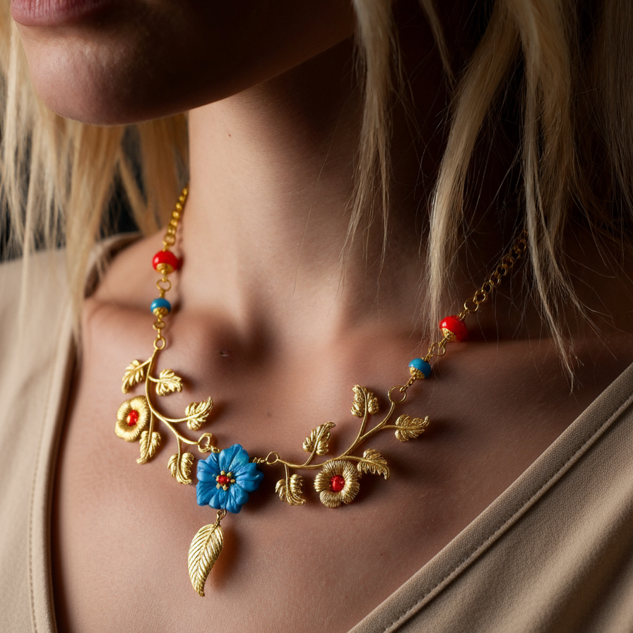 Collar Enredadera Floral con Flor de Nácar Azul