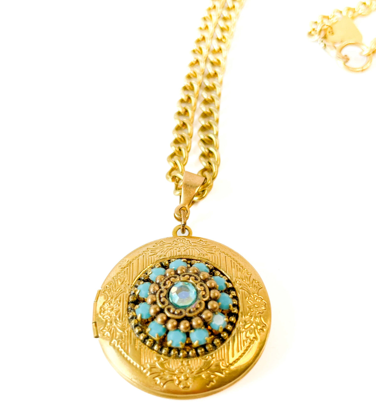 collar relicario redondo joya cristales turquesa
