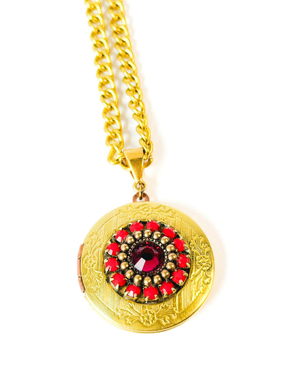 collar relicario vintage joya con cristales color rojo