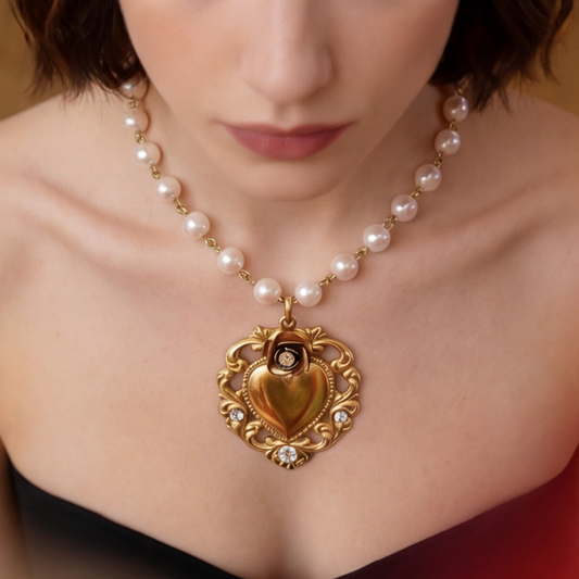 Collar Pasionaria - Colgante de Perlas y Corazón Barroco