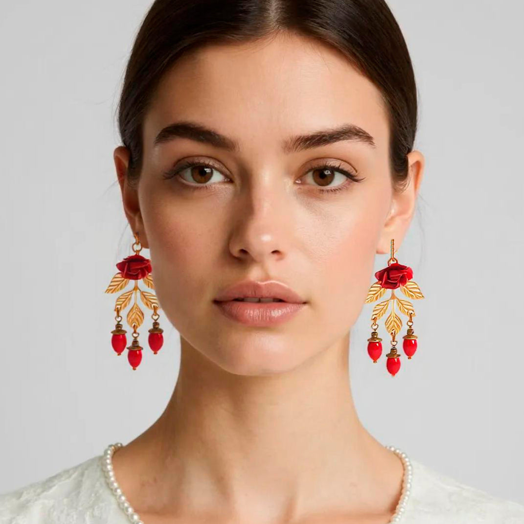 Pendientes Largos Rama de Rosa Roja
