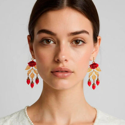 Pendientes Largos Rama de Rosa Roja