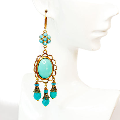 pendientes chandelier gema turquesa y cristales facetados