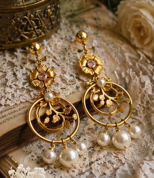 pendientes dorados con flores y perlas